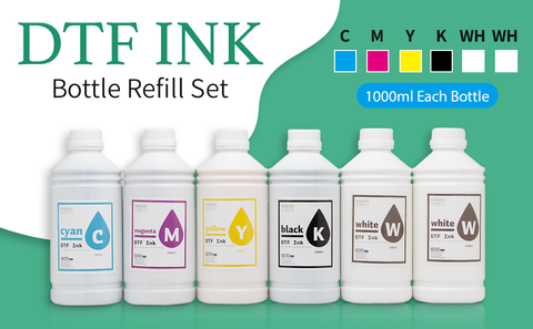 Premium DTF Ink Bottle Refill Set 1000ML- Direct to Film Heat Transfer Printing, Conversion Kit, Compatible w/ DTF Film (Cyan/Magenta/Yellow/Black/White)