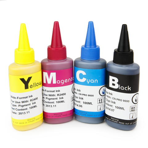 100ml  Universal Pigment Refill Bottle Set - (Black, Yellow, Cyan, Magenta)  for Epson, Canon, HP, Brotherand all Major Brand Inkjet Printers