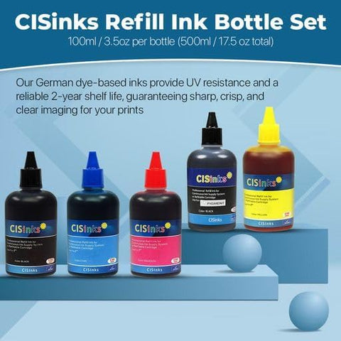6x100ml Universal Dye Ink Refill Bottle Set - 6 Color PHBL  (Black, Yellow, Cyan, Magenta, Pigment Black, Photo Blue)  for Epson, Canon, HP, Brother and all Major Brand Inkjet Printers
