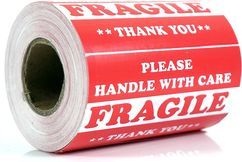 1000 Labels 3" x 5" Fragile - Handle With Care Label Sticker Red Semi Gloss (2 Roll)