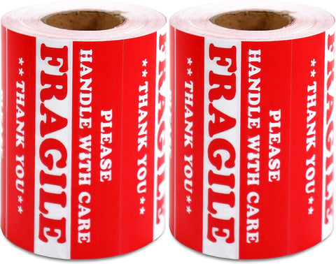 1000 Labels 3" x 5" Fragile - Handle With Care Label Sticker Red Semi Gloss (2 Roll)