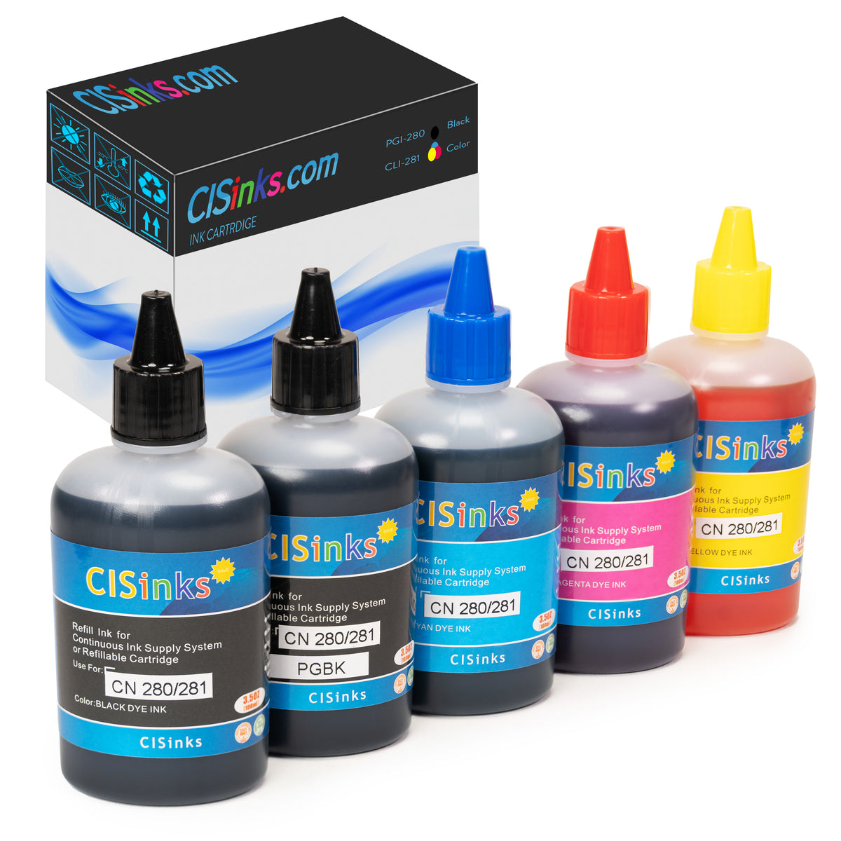 5x100ml Universal Dye Ink Refill Bottle Set - 5 Color PHBLK  (Black, Yellow, Cyan, Magenta, Photo Black)  for Epson, Canon, HP, Brother and all Major Brand Inkjet Printers