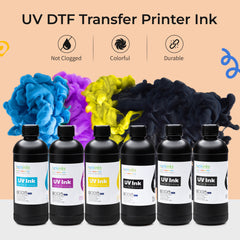 Soft UV DTF Transfer Printer Ink 6X 500mL Bottle Set (Cyan Magenta Yellow Black + 2X White) Refill Premium Ultraviolet Curable Direct to Film Sticker Decal Custom Logo Branding Glass Bottles Phone Cases