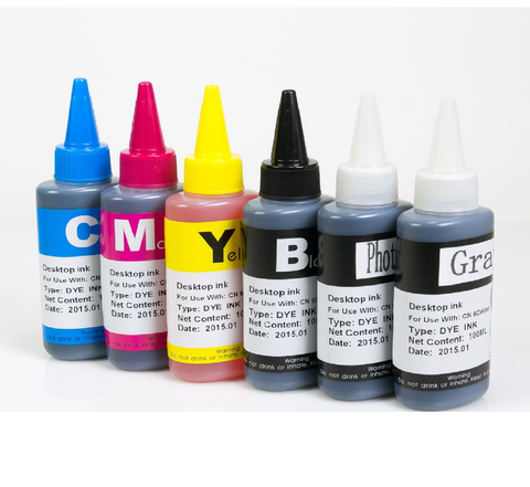 6x100ml Universal Dye Ink Refill Bottle Set - 6 Color GREY  (Black, Yellow, Cyan, Magenta, Photo Black, Gray)  for Epson, Canon, HP, Brother and all Major Brand Inkjet Printers