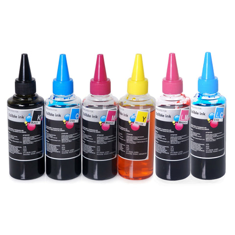 6x100ml Edible Ink Refill Bottle Compatible for Canon Cartridge  6 Color  (Black, Yellow, Cyan, Magenta, Light Cyan, Light Magenta)