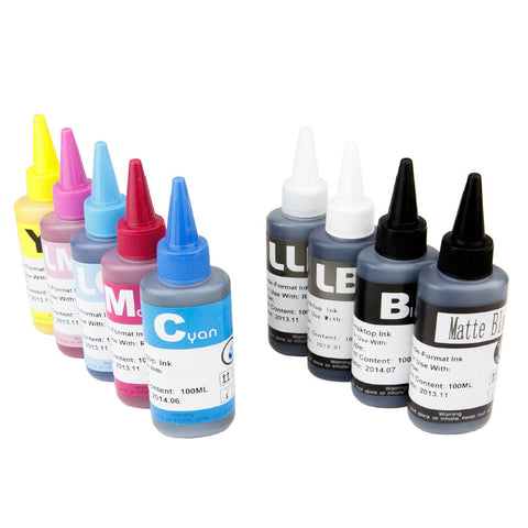 9x100ml Universal Pigment Refill Bottle 9 Color Set  (Black, Light Black, Light Light Black, Photo Black, Magenta, Cyan, Yellow, Light Cyan, and Light Magenta)  for Epson, Canon, HP, Brother and all Major Brand Inkjet Printers