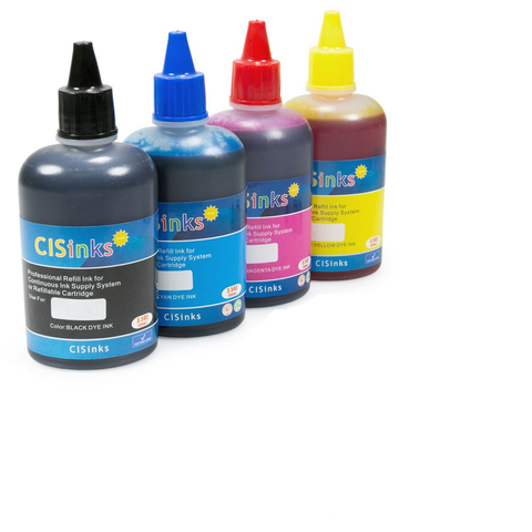 4x100ml Universal Dye Ink Refill Bottle Set - 4 Color CMYK  (Black, Yellow, Cyan, Magenta)  for Epson, Canon, HP, Brother and all Major Brand Inkjet Printers