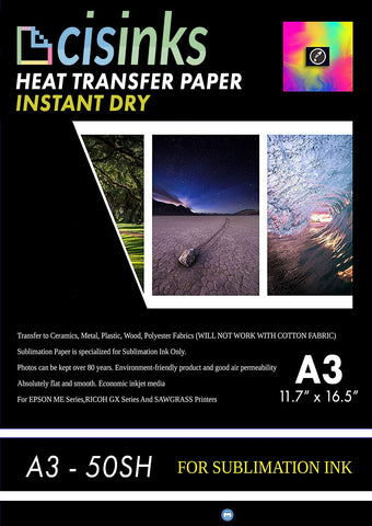 CISinks 50 sheet A3+ Sublimation Ink Transfer Paper Heat Press For Inkjet Printer 13x19