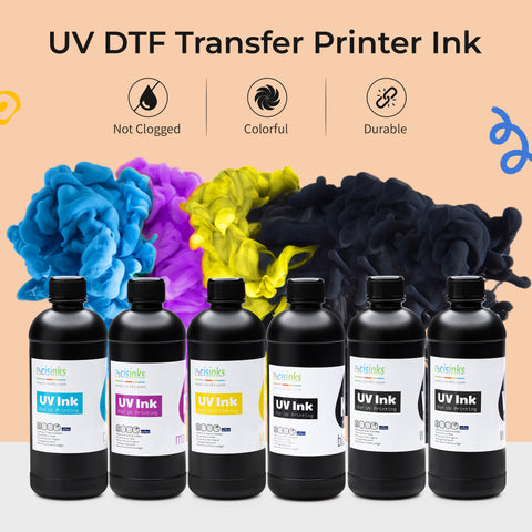 UV DTF Transfer Printer Ink 6X 500mL Bottle Set (Cyan Magenta Yellow Black + 2X White) Refill Premium Ultraviolet Curable Direct to Film Sticker Decal Custom Logo Branding Glass Bottles Phone Cases