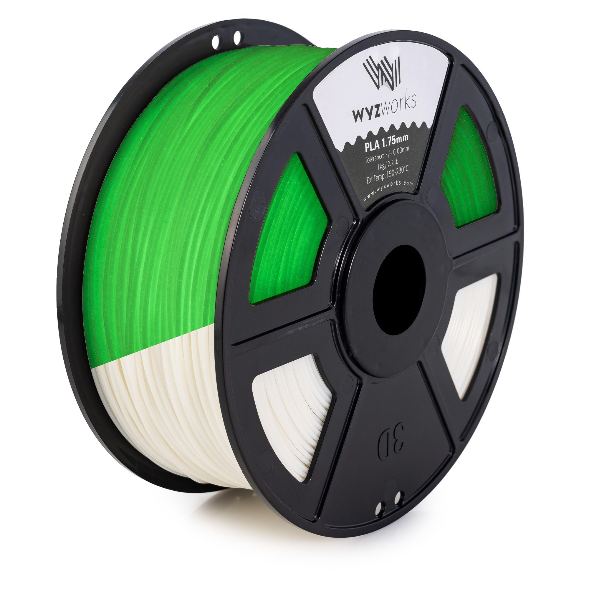 WYZworks PLA 1.75mm [White Glow Green] Premium Thermoplastic Polylactic Acid 3D Printer Filament - Dimensional Accuracy +/- 0.05mm 1kg / 2.2lb + Multiple Color Options Available