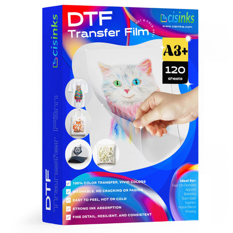 Cisinks Premium DTF Transfer Film 13"x19" - A3 plus Hot/Cold Peel 120 Sheets Matte Clear PreTreat PET Heat Transfer Paper for DIY Direct Print on All Fabric and Colors T-Shirts Textile