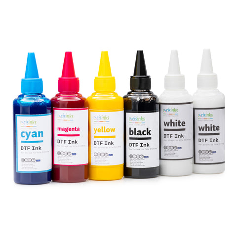 Cisinks Premium DTF Ink Bottle Bulk Refill Set 600ML (100ml x 6, CMYK 2X Wh) - Direct to Film Heat Transfer Printing, Conversion Kit, Compatible w/DTF Film Cyan/Magenta/Yellow/Black/2x White