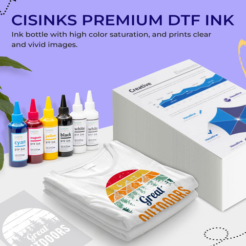 Cisinks Premium DTF Ink Bottle Bulk Refill Set 600ML (100ml x 6, CMYK 2X Wh) - Direct to Film Heat Transfer Printing, Conversion Kit, Compatible w/DTF Film Cyan/Magenta/Yellow/Black/2x White