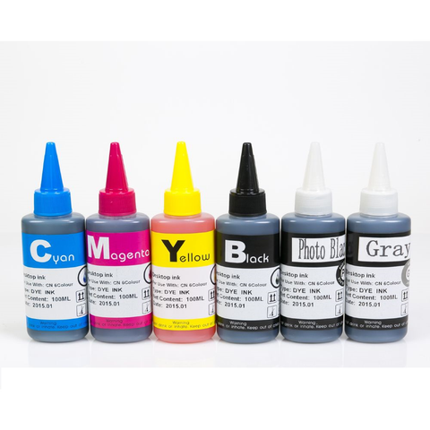 6x100ml Universal Dye Ink Refill Bottle Set - 6 Color GREY  (Black, Yellow, Cyan, Magenta, Photo Black, Gray)  for Epson, Canon, HP, Brother and all Major Brand Inkjet Printers