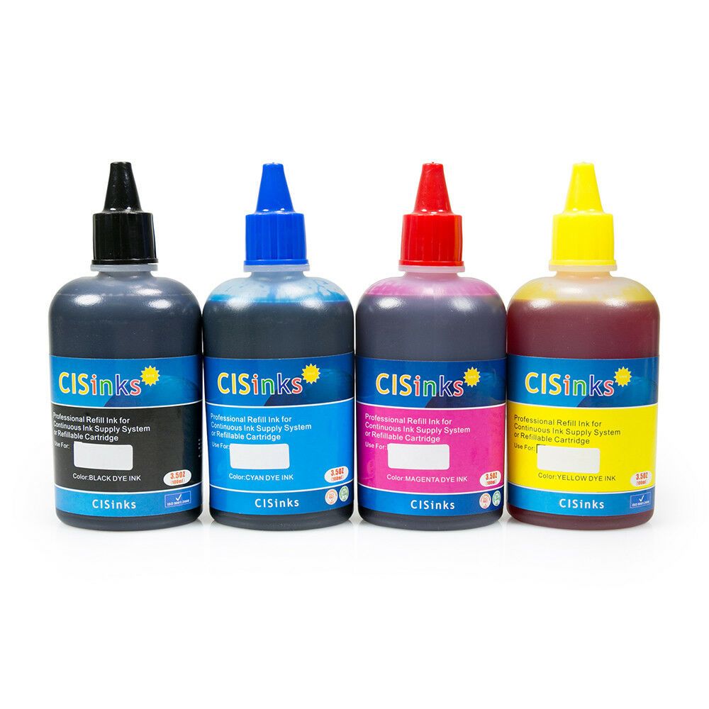 Color Printer Ink Set 4x100ml Universal Dye Ink Refill Bottle Set - 4 Color CMYK (Black, Yel ...