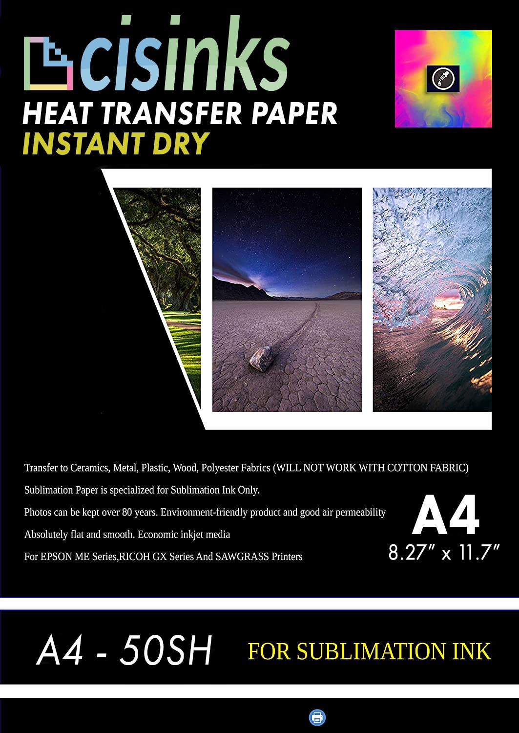 CISinks 50 sheet A3+ Sublimation Ink Transfer Paper Heat Press For Inkjet Printer 13x19